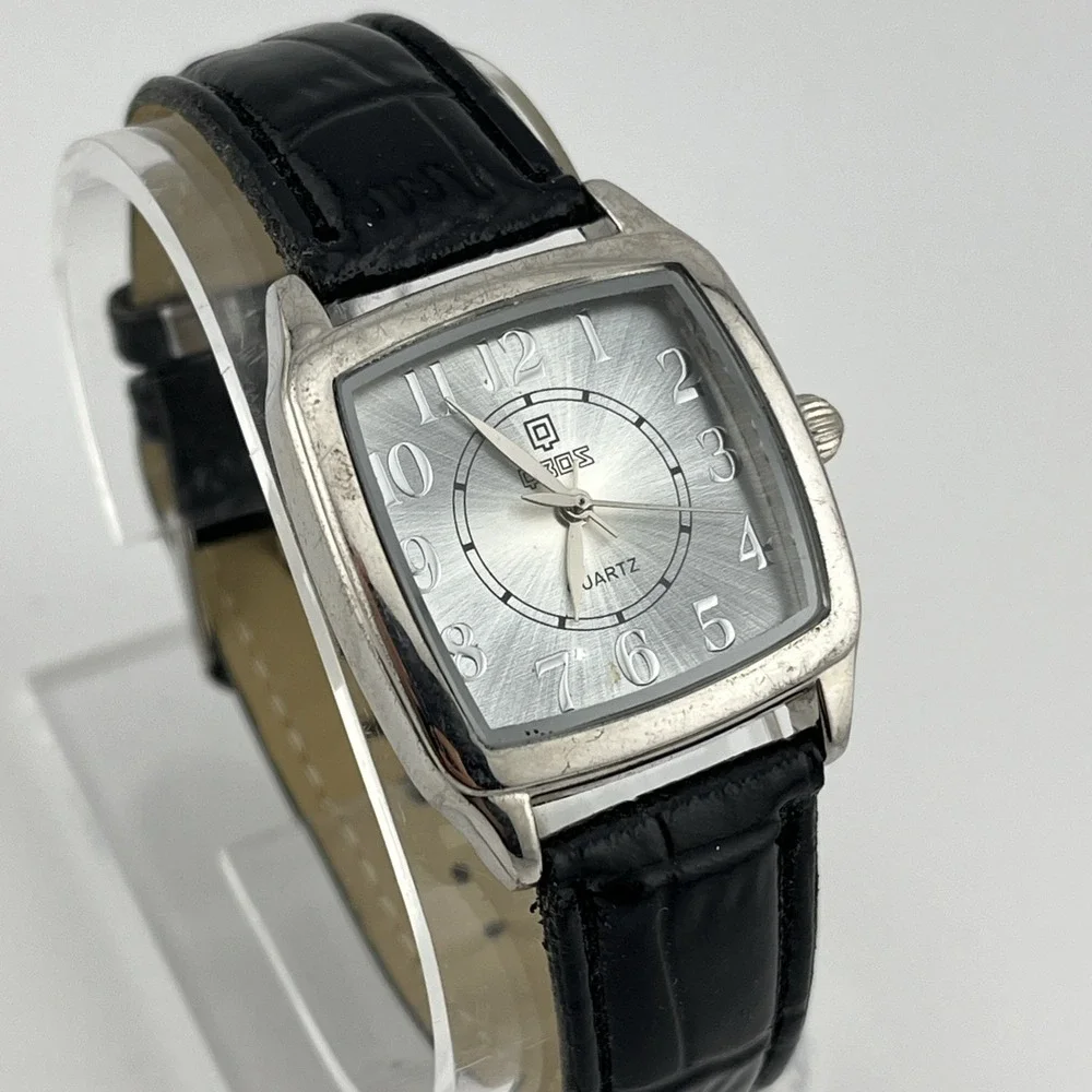 QBOS Watch Women‎ 30mm Silver Case Black Faux Leather Band- New Battery